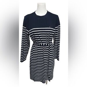 Tommy Hilfiger Long Sleeve Belted Stripe Knit Dress Blue White Cotton Blend L